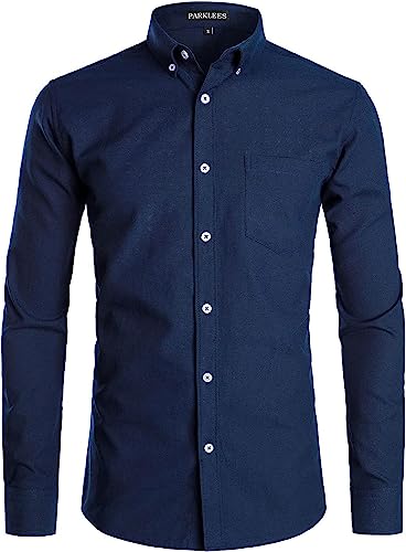 PARKLEES Herren Slim Fit Langarm Smart Casual Button Down Oxford Hemden, navy, 3XL von PARKLEES