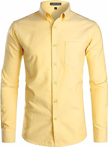 PARKLEES Herren Slim Fit Langarm Smart Casual Button Down Oxford Hemden, gelb, L von PARKLEES