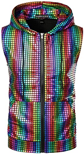 PARKLEES Herren Hipster Metallic Pailletten Reißverschluss Ärmellos Kapuzenweste T-Shirt mit Kängurutasche, SV17-Multicolor, L von PARKLEES