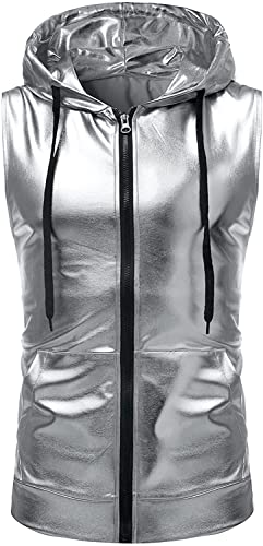 PARKLEES Herren Hipster Metallic Pailletten Reißverschluss Ärmellos Kapuzenweste T-Shirt mit Kängurutasche, Z86-Silber, L PARKLEES Herren Hipster Metallic Pailletten Reißverschluss Ärmellos Kapuzenweste T-Shirt mit Kängurutasche, Z86-Silber, L von PARKLEES