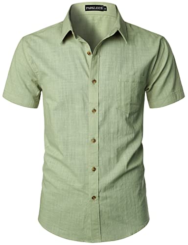 PARKLEES Herren tailliertes Baumwoll-Leinen-Freizeithemd mit kurzen Ärmeln, leichtes Strandoberteil mit Tasche, Bean Green, XXL von PARKLEES