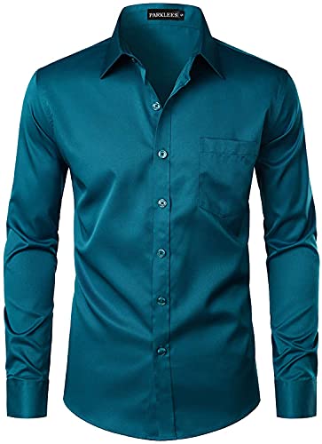 Parklees Herrenhemd, urban, modisch, lässig, Business, schmale Passform, Langarm, Knopfleiste. Oberhemd mit Tasche, blaugrün, XL von PARKLEES