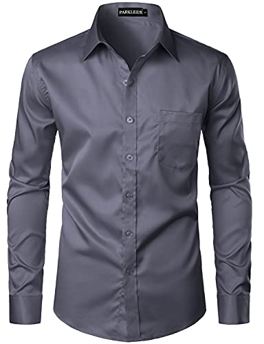 PARKLEES Herren Urban Stylish Casual Business Slim Fit Langarm Knopfleiste Kleid Hemd mit Tasche, dunkelgrau, XL von PARKLEES