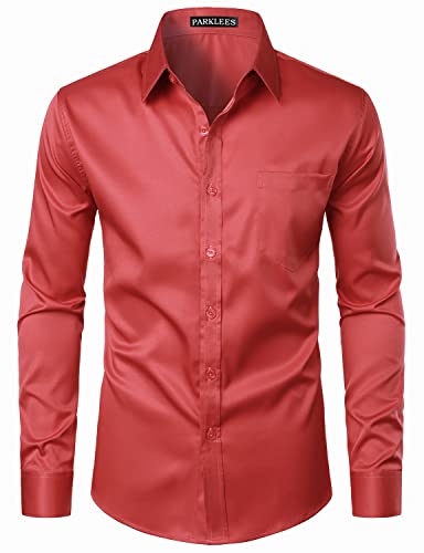 PARKLEES Herren Urban Stylish Casual Business Slim Fit Langarm Button Up Kleid Hemd mit Tasche, Persimmon Red, S von PARKLEES