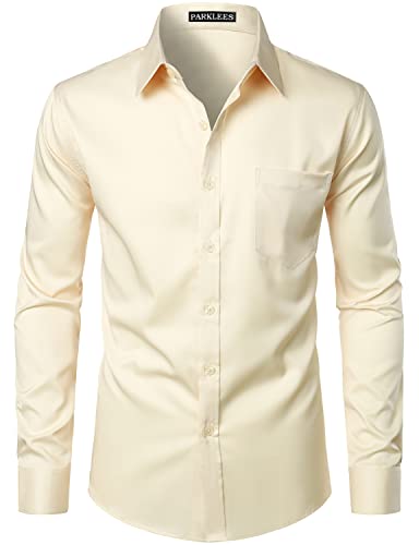 PARKLEES Herren Urban Stylish Casual Business Slim Fit Langarm Button Up Kleid Hemd mit Tasche, beige, 3XL von PARKLEES