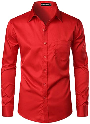 PARKLEES Herren Urban Stylish Casual Business Slim Fit Langarm Knopfleiste Kleid Hemd mit Tasche, rot, 3XL von PARKLEES