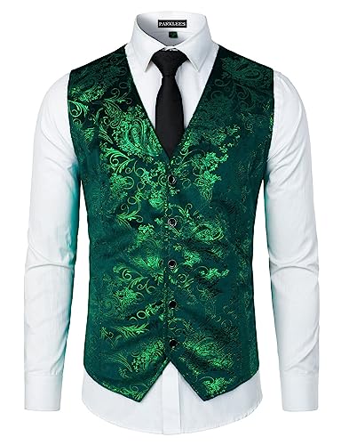 PARKLEES Herren-Weste, luxuriös, metallisch, Paisleymuster, goldfarben, bedruckt, für Hochzeit, Abschlussball, Party, Anzug oder Smoking, dunkelgrün, L von PARKLEES