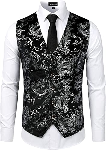 PARKLEES Herren-Weste, luxuriös, metallisch, Paisleymuster, goldfarben, bedruckt, glänzend, für Hochzeit, Abschlussball, Party, Anzug oder Smoking, silber, XXL von PARKLEES