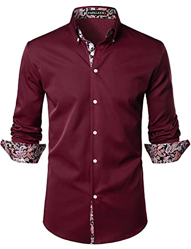 PARKLEES Herren Hipster Paisley Patchwork Design Slim Fit Langarm Knopfleiste Hemden, burgunderfarben, XL von PARKLEES