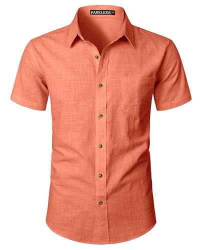 PARKLEES Herrenhemd, enganliegend, Baumwolle, Leinen, lässig, kurzärmelig, Knopfleiste, leicht, Strand-Tops mit Tasche, Orange, M PARKLEES Herrenhemd, enganliegend, Baumwolle, Leinen, lässig, kurzärmelig, Knopfleiste, leicht, Strand-Tops mit Tasche, Orange, M von PARKLEES