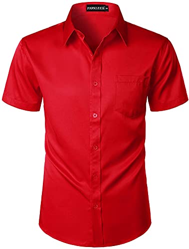 PARKLEES Lässiges Herrenhemd mit Knopfleiste, stylisch, schmale Passform, kurzärmelig, mit Tasche, rot, L von PARKLEES