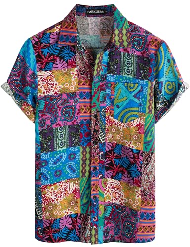 PARKLEES Herrenhemd aus Baumwoll-Leinen, Vintage-Muster, bedruckt, altes Design, lässig, kurzärmelig, Retro-Shirt, Blau/Pink, Klein von PARKLEES