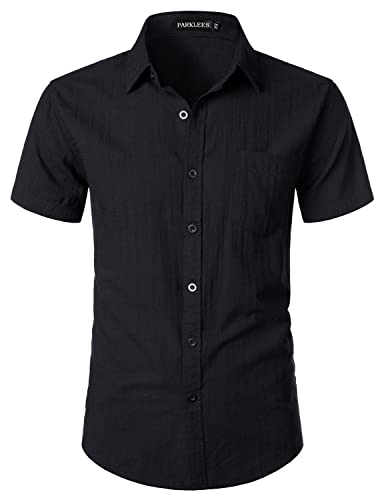 PARKLEES Herren tailliertes Baumwoll-Leinen-Freizeithemd mit kurzen Ärmeln, leichtes Strandoberteil mit Tasche, Schwarz , XL von PARKLEES