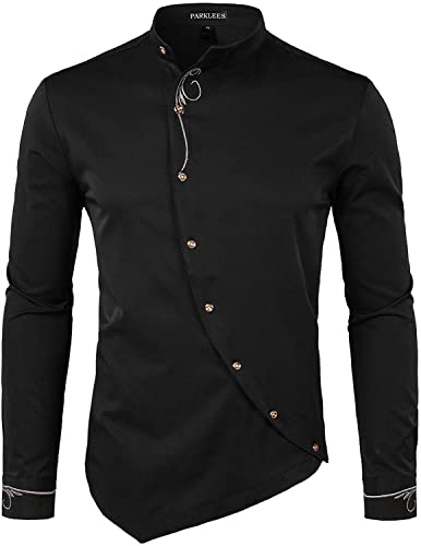 PARKLEES Herren Hipster Hemden mit unregelmäßigen, schrägen Knöpfen, schmale Passform, langärmelig, lässiger Großvater-Kragen, Zhcl51-black, XXL von PARKLEES