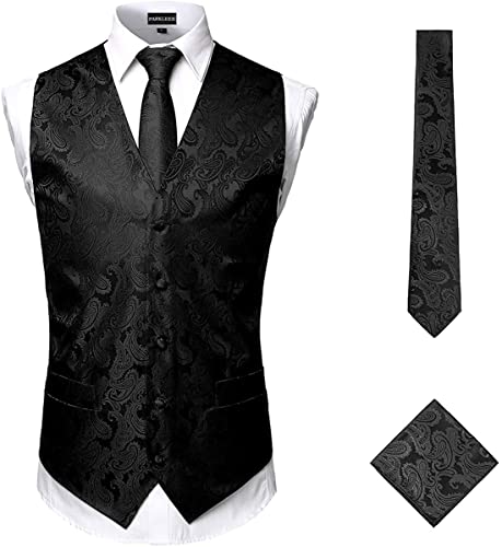 PARKLEES Klassische Herren-Weste, Paisleymuster, Krawatte, Einstecktuch, Set, Hochzeit, Abschlussball, Party, Weste für Anzug oder Smoking, 3-teilig, Schwarz , XXXL von PARKLEES