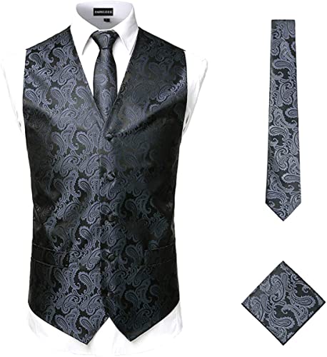 PARKLEES Klassische Herren-Weste, Paisleymuster, Krawatte, Einstecktuch, Set, Hochzeit, Abschlussball, Party, Weste für Anzug oder Smoking, 3-teilig, anthrazit, XL von PARKLEES