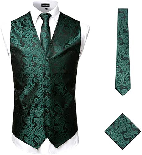 PARKLEES Klassische Herren-Weste, Paisleymuster, Krawatte, Einstecktuch, Set, Hochzeit, Abschlussball, Party, Weste für Anzug oder Smoking, 3-teilig, grün / schwarz, XXXL von PARKLEES