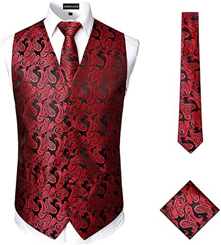 PARKLEES Klassische Herren-Weste, Paisleymuster, Krawatte, Einstecktuch, Set, Hochzeit, Abschlussball, Party, Weste für Anzug oder Smoking, 3-teilig, schwarz / rot, M von PARKLEES