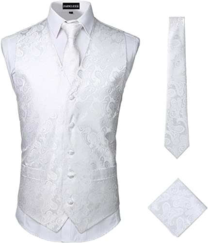 PARKLEES Klassische 3-teilige Herrenweste mit Paisley-Muster, Krawatte, Einstecktuch, für Hochzeit, Abschlussball, Party, Anzug oder Smoking, weiß, L von PARKLEES