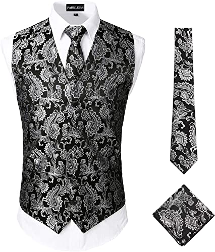 PARKLEES Klassische 3-teilige Paisley-Weste für Herren, Krawatte, Einstecktuch-Set, Hochzeit, Abschlussball, Party, Weste für Anzug oder Smoking, schwarz/silberfarben, XXL von PARKLEES