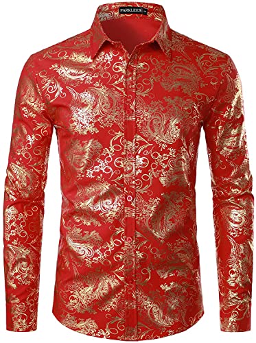 Parklees Herrenhemd, Paisleymuster, bedruckt, stilvoll, schmale Passform, Knopfleiste, Gold glänzend, rot, XXL von PARKLEES