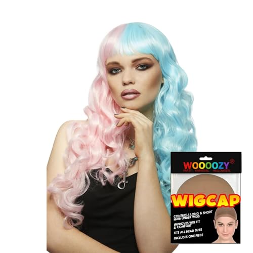 NEU ManicPanic Premium-Damen-Perücke Candy Angel, lang und gewellt mit Pony, rosa-blau - mit Harrnetz von PARTY DISCOUNT