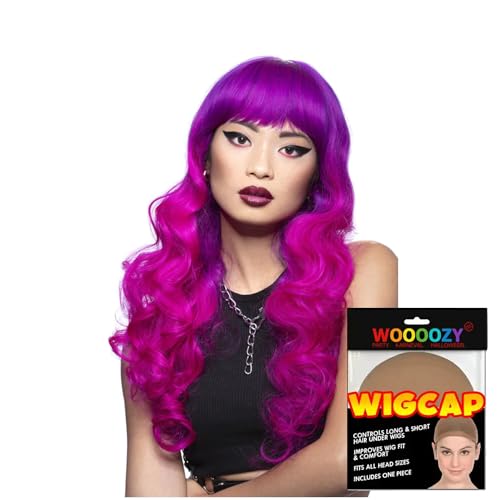 NEU ManicPanic Premium-Damen-Perücke Fuchsia Passion, lang und gewellt mit Pony, lila-pink - mit Harrnetz von PARTY DISCOUNT