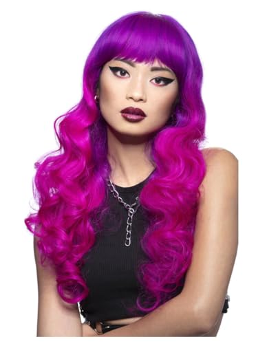 NEU ManicPanic Premium-Damen-Perücke Fuchsia Passion, lang und gewellt mit Pony, lila-pink von PARTY DISCOUNT