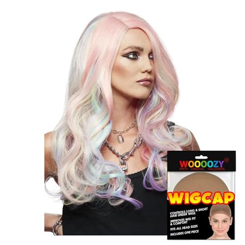 NEU ManicPanic Premium-Damen-Perücke Unicorn Dream, lang und gewellt mit Scheitel, Pastell - mit Harrnetz von PARTY DISCOUNT