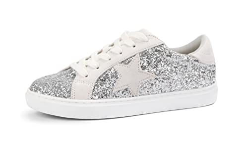 PARTY Damen Fashion Star Sneaker Schnürschuh Low Top Bequeme gepolsterte Wanderschuhe, Silber Glitter Wildleder, 40 EU von PARTY