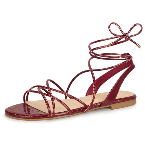 PARTY Damen Riemchensandalen Gladiator Schnürschuhe Flats Sommer Wrap Open Toe Tie Up Schuhe, Burgunder, 36 EU von PARTY
