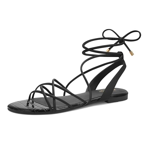 PARTY Damen Riemchensandalen Gladiator Schnürschuhe Flats Sommer Wrap Open Toe Tie Up Schuhe, Schwarz, 36 EU von PARTY