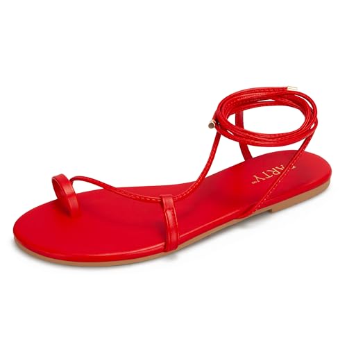 PARTY Damen Riemchensandalen Schnürschuhe Flats Schnürschuhe Wrap Flip Flop, Rot/Ausflug, einfarbig (Getaway Solids), 38.5 EU von PARTY