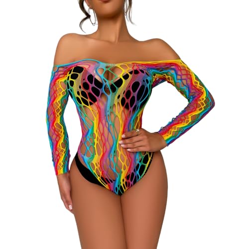 PARUPRUP Sexy Bunte Regenbogen Bodystocking Ouvert für Damen Dessous Fischnetz Catsuit Hohle Jumpsuit Rave Outfit (Stil 1, Einheitsgröße) von PARUPRUP