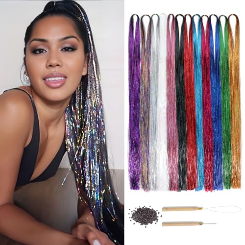 PARXITN 120 cm Hair Tinsel Glitzer Haare 12 Farben 2400 Strands Lametta-Haarverlängerungen mit Tools Highlights Haaraccessoires für Mädchen für Partys Halloween Weihnachten Cosplay von PARXITN