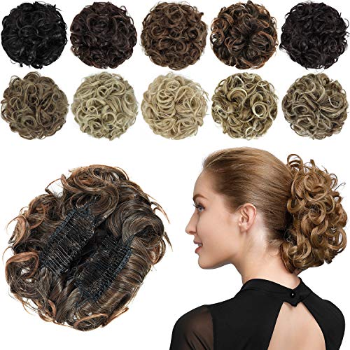 PARXITN Chignon Haarteil Gelockt Dutt Scrunchie Haarverlängerung Synthetische Hochsteckfrisur Kämme in unordentlichem Dutt Haarteil für Frauen Dunkelbraun gemischt Rotbraun von PARXITN