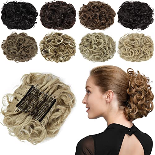 PARXITN Chignon Haarteil Gelockt Dutt Scrunchie Haarverlängerung Synthetische Hochsteckfrisur Kämme in unordentlichem Dutt Haarteil für Frauen Blond gemischt Gämse von PARXITN