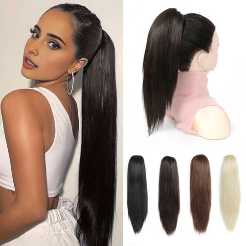 PARXITN Claw Jaw Clip in Pferdeschwanz Haarverlängerung Synthetisches Haarteil Dunkelstes Braun 40 cm Gerade Kurzer Pferdeschwanz Extensions für Frauen von PARXITN