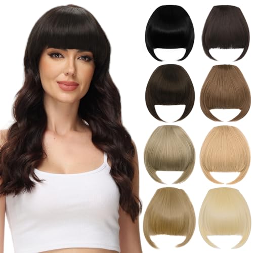 PARXITN Clip in Bangs Clip in Pony Haarverlängerungen Synthetische Flat Bang mit Schläfen Front Face Fringe Pony Haarteile Tiefes Bräunliches Braun für Frauen Pony Haare von PARXITN