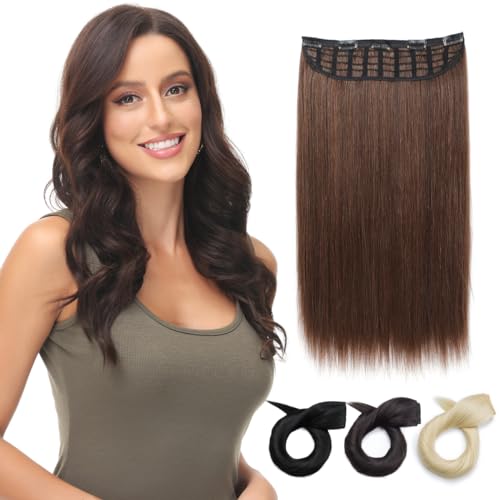 PARXITN Clip in Hair Extensions One Piece 5 Clips Lang Weft 40cm Gerade Synthetische Haarteile für Frauen 3/4 Full Head Mesh-Layered Weft 1 Tresse Haarverlängerung Kastanienbraun von PARXITN