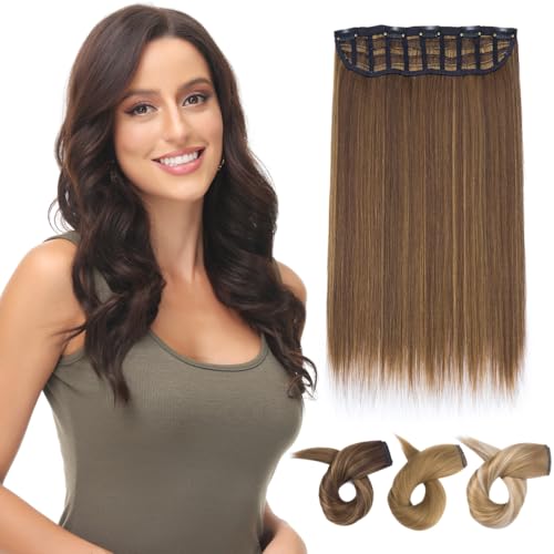 PARXITN Clip in Hair Extensions One Piece 5 Clips Lang Weft 40cm Gerade Synthetische Haarteile für Frauen 3/4 Full Head Mesh-Layered Weft 1 Tresse Haarverlängerung Mittelbraun gemischt mit Dunkelblond von PARXITN