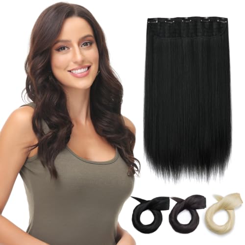 PARXITN Clip in Hair Extensions One Piece 5 Clips Lang Weft 40cm Gerade Synthetische Haarteile für Frauen 3/4 Full Head Mesh-Layered Weft 1 Tresse Haarverlängerung Schwarz von PARXITN