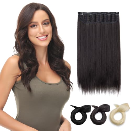PARXITN Clip in Hair Extensions One Piece 5 Clips Lang Weft 50cm Gerade Synthetische Haarteile für Frauen 3/4 Full Head Mesh-Layered Weft 1 Tresse Haarverlängerung Braun von PARXITN