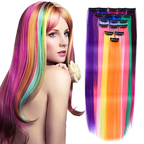 PARXITN Colored Hair Extensions 18 STÜCKE 50 cm Ombre Rainbow Bunte Clip in Haarverlängerungen für Frauen Party Highlights Mehrfarbige synthetische gerade Haarteile für Kinder Weihnachten Kostümparty von PARXITN