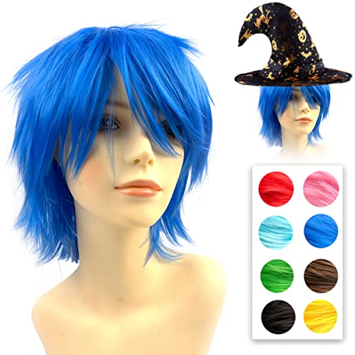 PARXITN Halloween Cosplay Wigs Anime Perücke Synthetische geschichtete kurze Haare Perücken mit Pony für Party Halloween Kostüm Costume Perücken für Damen Frauen Männer Juwel Blau Wig von PARXITN