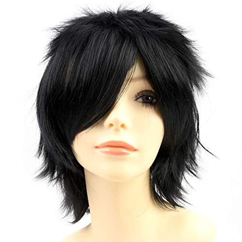 PARXITN Halloween Cosplay Wigs Anime Perücke Synthetische geschichtete kurze Haare Perücken mit Pony für Party Halloween Kostüm Costume Perücken für Damen Frauen Männer Dunkelschwarz Wig von PARXITN