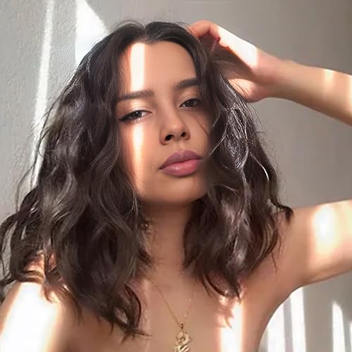 PARXITN Kurze Bob Perücke Dunkelstes Braun Lockig Gewelltes Synthetisches Haar Natürliche Aussehen Perücke Mittlerer Teil Klebefreie Spitze Front Perücken für Frauen von PARXITN