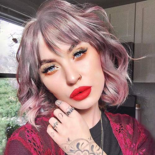 PARXITN Kurze Bob Perücke mit Pony Natürliches Ombré Rosa Perücke Synthetisches Haar Bunt Täglich Party Halloween Cosplay Gewellte Lockige Perücken für Frauen von PARXITN