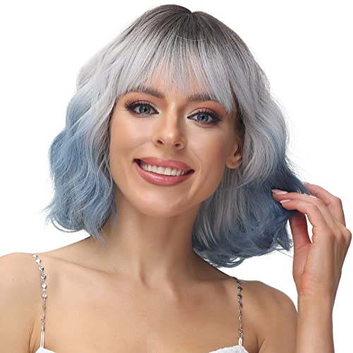 PARXITN Kurze Bob Perücke mit Pony Natürliches Ombre Blau Perücke Synthetisches Haar Bunt Täglich Party Halloween Cosplay Gewellte Lockige Perücken für Frauen von PARXITN