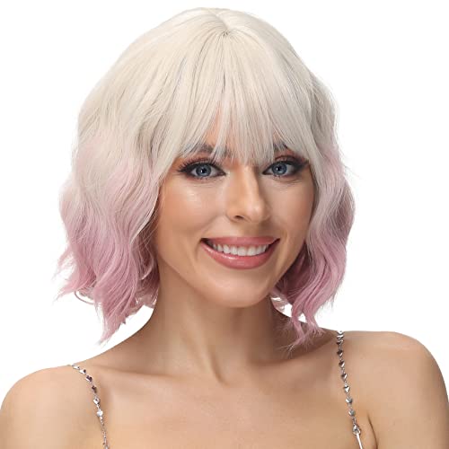 PARXITN Kurze Bob Perücke mit Pony Natürliches Ombre Valentine Rosa Perücke Synthetisches Haar Bunt Täglich Party Halloween Cosplay Gewellte Lockige Perücken für Frauen von PARXITN